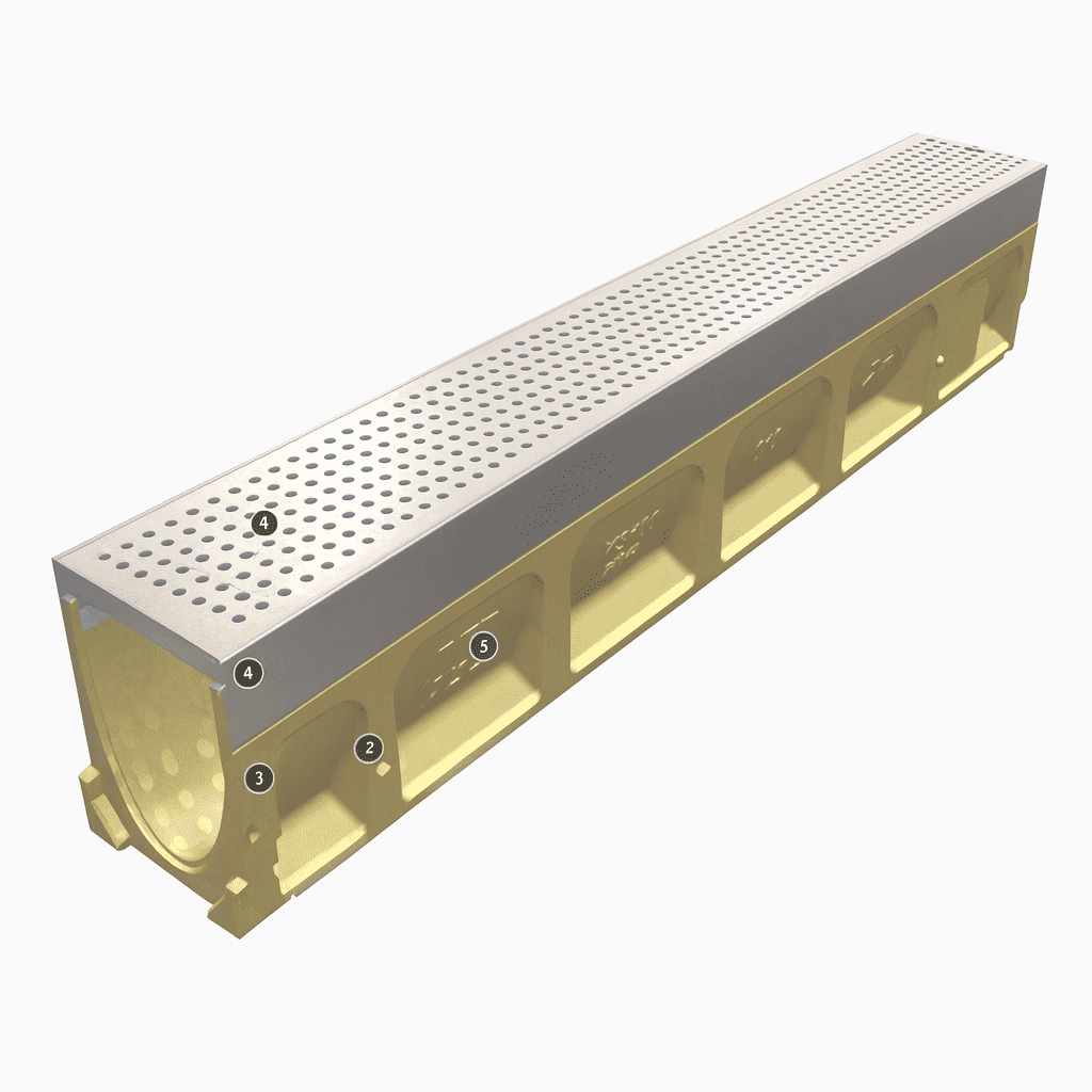 Rejilla KlassikDrain DrainLok™ K100 Tipo 410D Acero galvanizado perforado con Canal de Concreto Polimérico de 1 metro de longitud por Grupo RIVEND Mexico 2