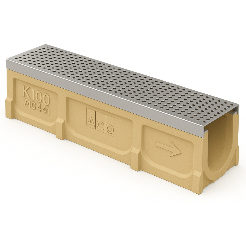Rejilla KlassikDrain DrainLok™ K100 Tipo 410D Acero galvanizado perforado con Canal de Concreto Polimérico de 1 metro de longitud por Grupo RIVEND Mexico