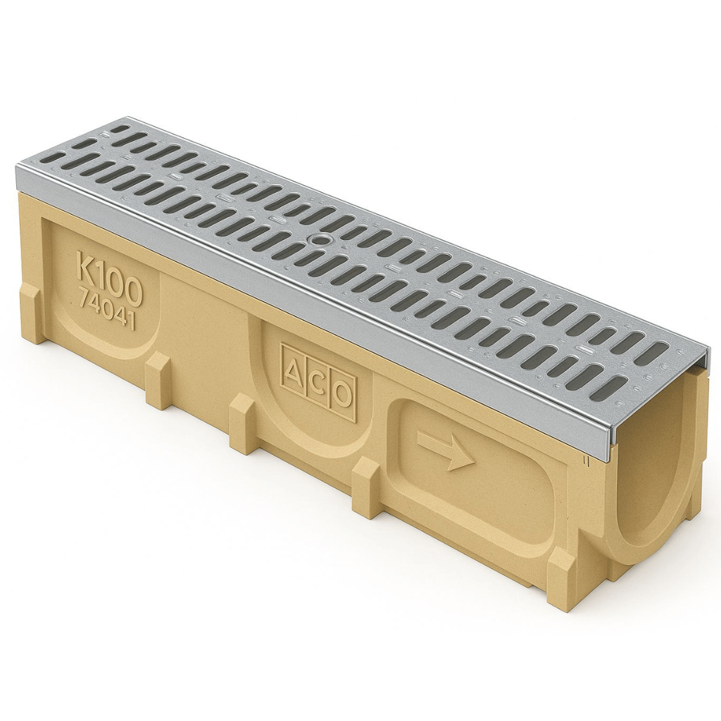 Rejilla KlassikDrain DrainLok™ K100 Tipo 420D Acero galvanizado ranurado con Canal de Concreto Polimérico de 1 metro de longitud por Grupo RIVEND Mexico