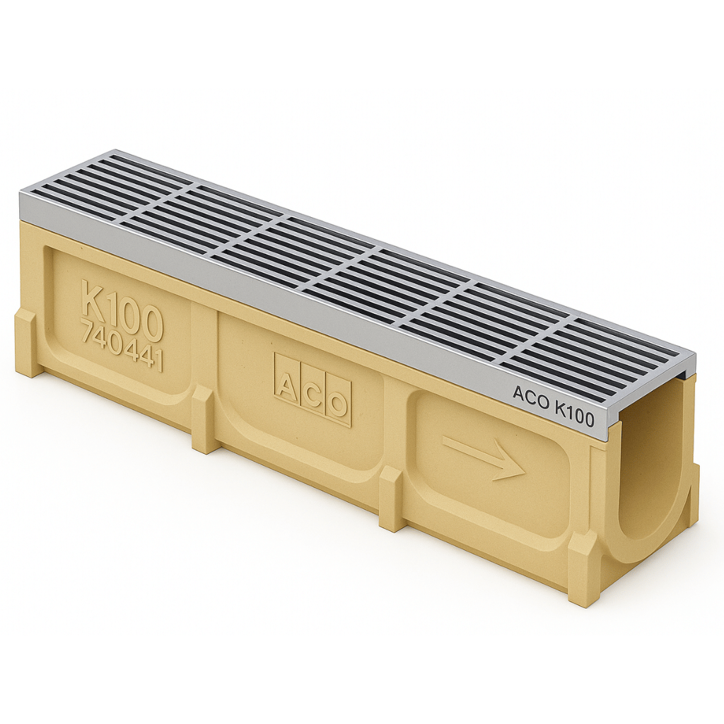 Rejilla KlassikDrain DrainLok™ K100 Tipo 438D Acero galvanizado longitudinal con Canal de Concreto Polimérico de 1 metro de longitud por Grupo RIVEND Mexico