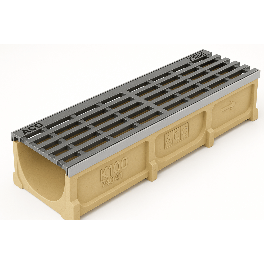 Rejilla KlassikDrain DrainLok™ K100 Tipo 476D Hierro dúctil longitudinal con Canal de Concreto Polimérico de 1 metro de longitud por Grupo RIVEND Mexico