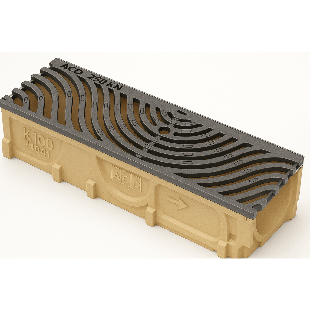 Rejilla KlassikDrain DrainLok™ K100 Tipo 480D Hierro dúctil olas con Canal de Concreto Polimérico de 1 metro de longitud por Grupo RIVEND Mexico