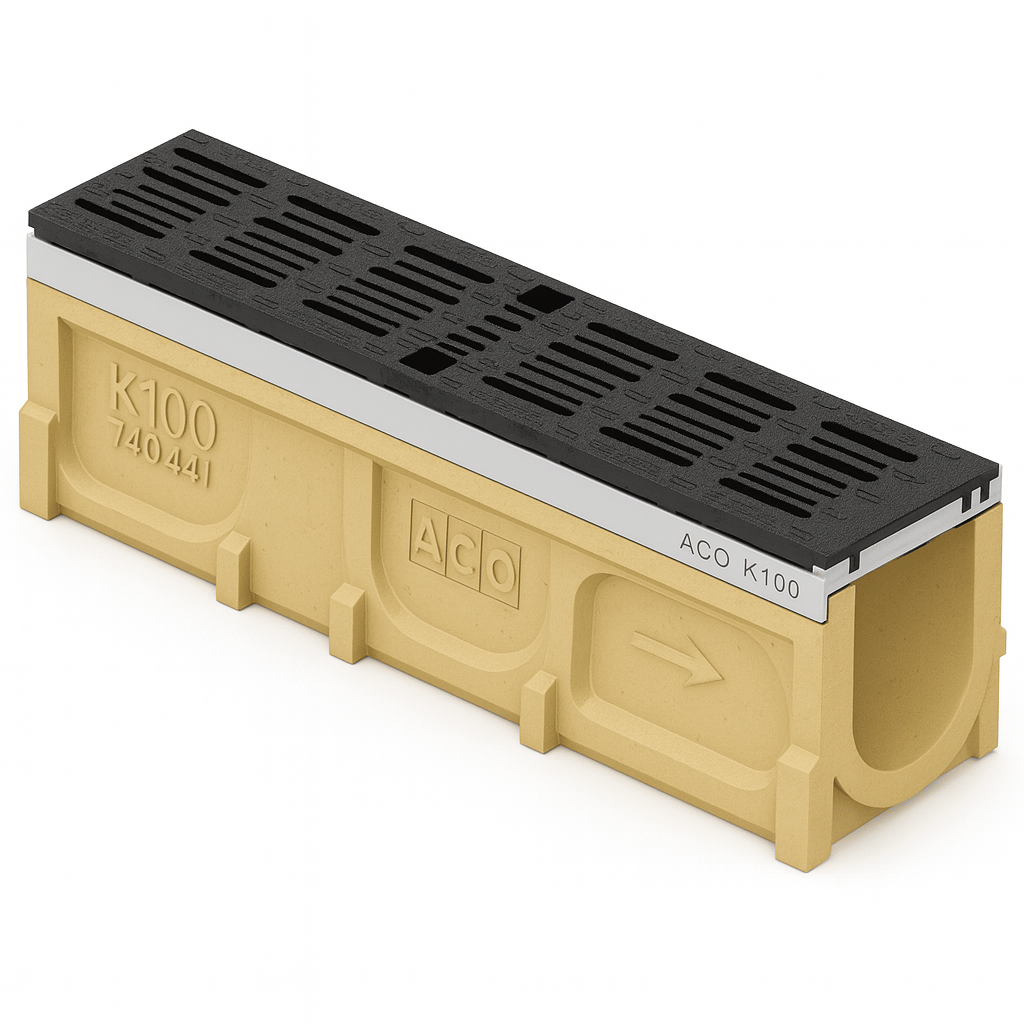 Rejilla KlassikDrain DrainLok™ K100 Tipo 494D Plástico negro longitudinal con Canal de Concreto Polimérico de 1 metro de longitud por Grupo RIVEND Mexico