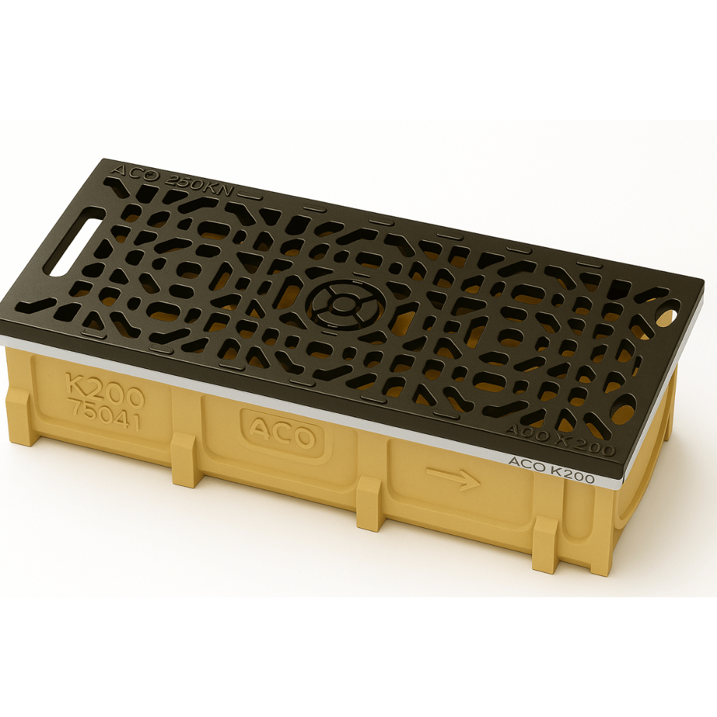 Rejilla KlassikDrain QuickLok™ K200 Tipo 679Q Hierro dúctil mosaico con Canal de Concreto Polimérico de 1 metro de longitud por Grupo RIVEND Mexico