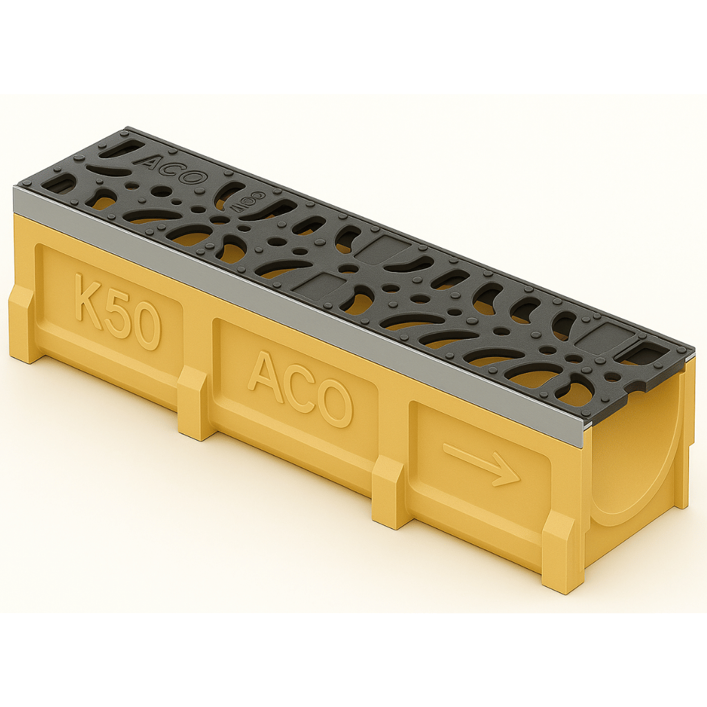 Rejilla MiniKlassikDrain DrainLok™ K50 Tipo 200D Plástico mosaico negro con Canal de Concreto Polimérico de 1 metro de longitud por Grupo RIVEND Mexico