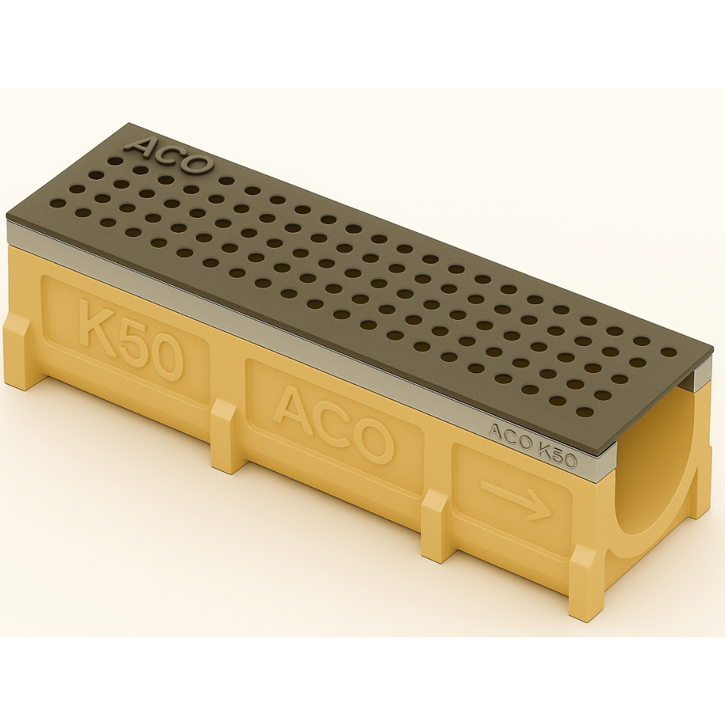 Rejilla MiniKlassikDrain DrainLok™ K50 Tipo 210D Acero galvanizado perforado con Canal de Concreto Polimérico de 1 metro de longitud por Grupo RIVEND Mexico