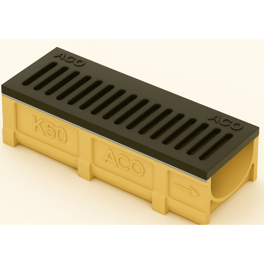 Rejilla MiniKlassikDrain DrainLok™ K50 Tipo 220D Acero galvanizado ranurado con Canal de Concreto Polimérico de 1 metro de longitud por Grupo RIVEND Mexico